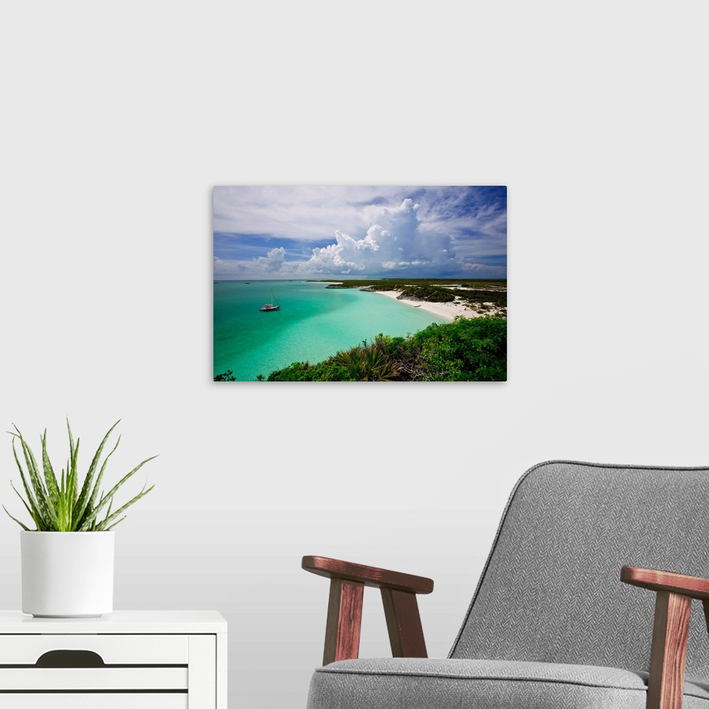 A modern room featuring Elevated view of boat in Caribbean Sea, Great Exuma Island, Bahamas