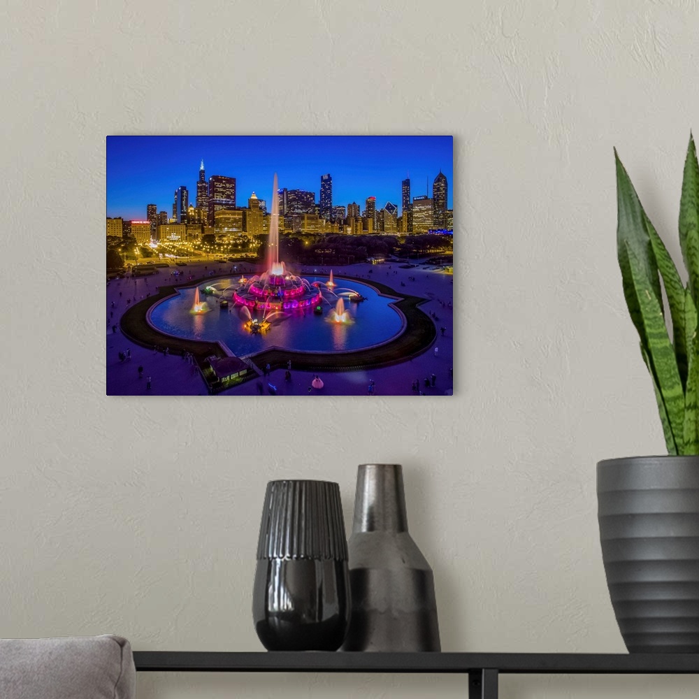 A modern room featuring Elevated view of Buckingham Fountain at Grant Park, Chicago, Cook County, Illinois, USA