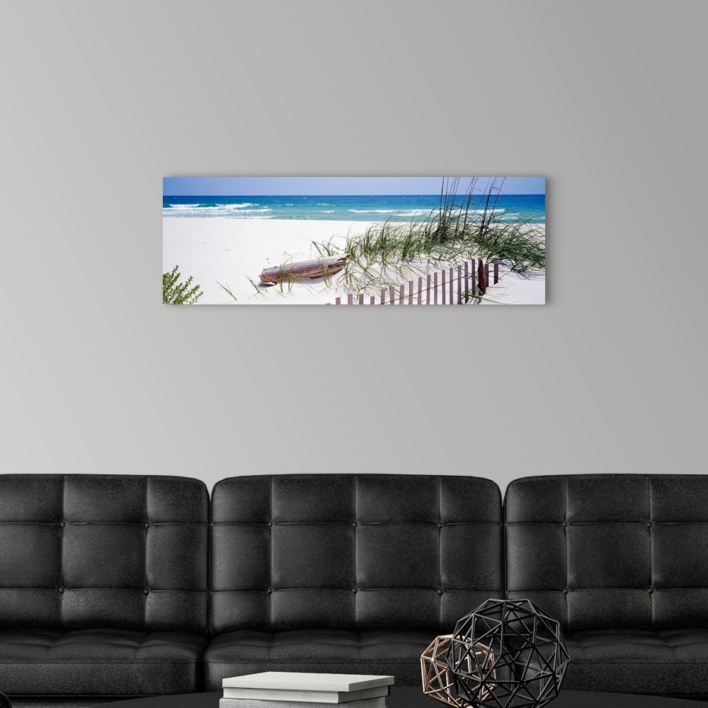 A modern room featuring Oversized landscape photograph of a fence running through grasses on the beach, in front of the r...