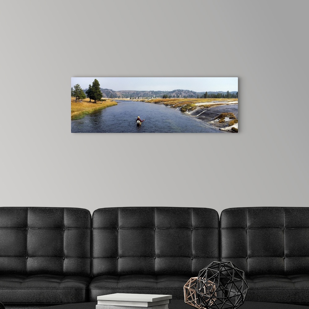 Fisherman Fishing in A River, Firehole River, Yellowstone National Park, Wyoming | Large Solid-Faced Canvas Wall Art Print | Great Big Canvas