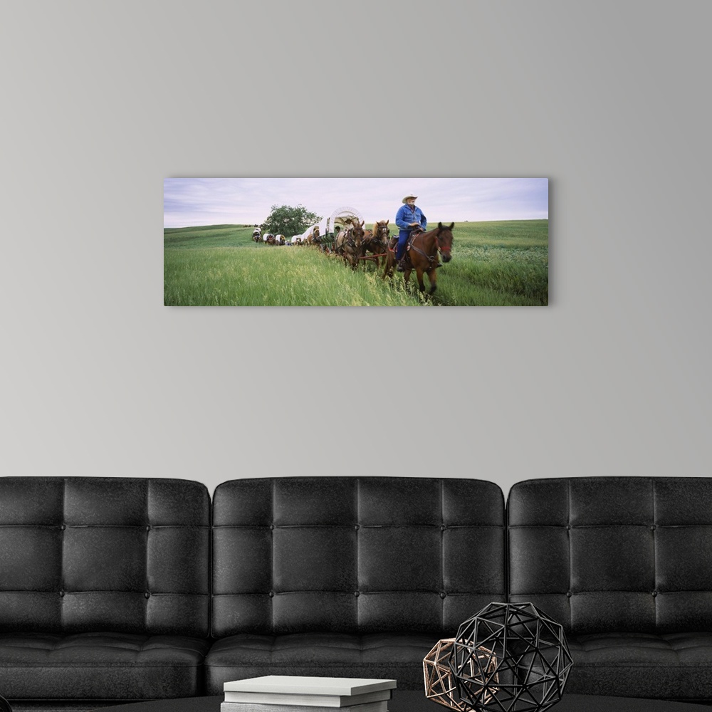 Historical Reenactment Of Covered Wagons In A Field North Dakota Wall Art Canvas Prints