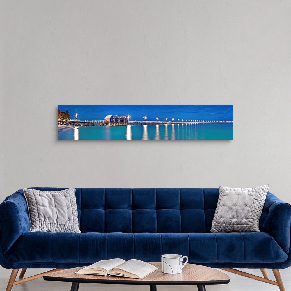 A modern room featuring Illuminated pier over the Pacific Ocean, Busselton Jetty, Western Australia, Australia.