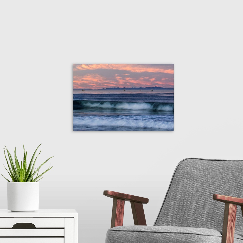 A modern room featuring Oil rigs and waves in the Pacific Ocean, Channel Islands of California, Carpinteria, Santa Barbar...