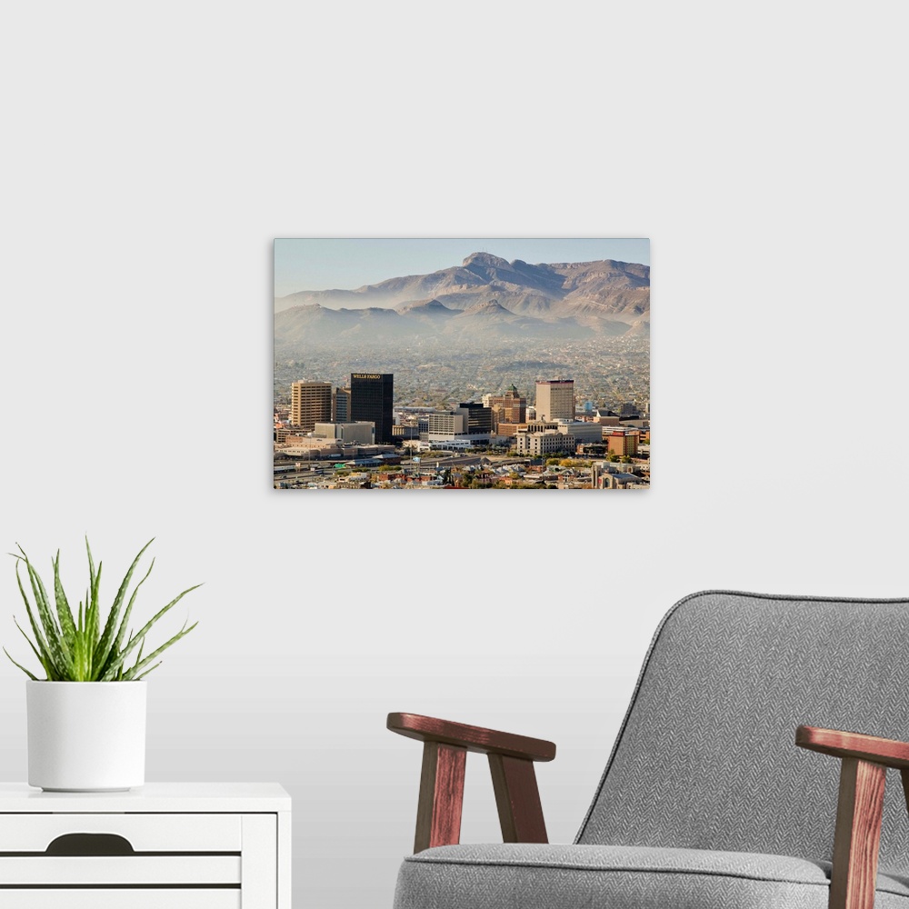 A modern room featuring Panoramic view of skyline and downtown El Paso Texas looking toward Juarez, Mexico