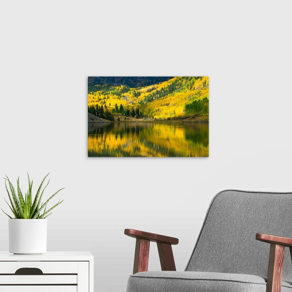 A modern room featuring Reflection of trees on water, Maroon Lake, Maroon Bells, Maroon Creek Valley, Aspen, Pitkin Count...