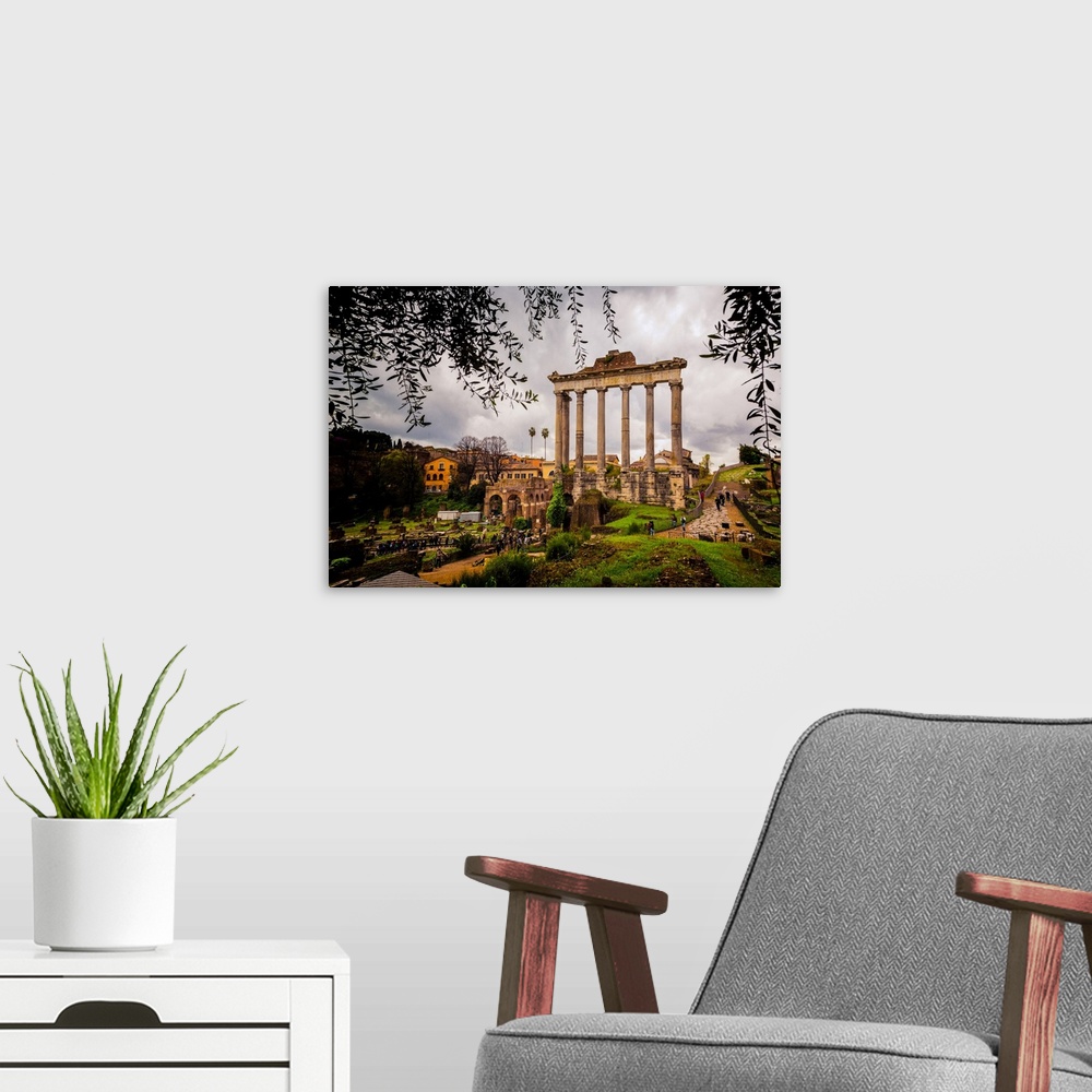 A modern room featuring Rome, Italy. The roman forum. The temple of saturn. Tempio di saturno. The historic centre of rom...