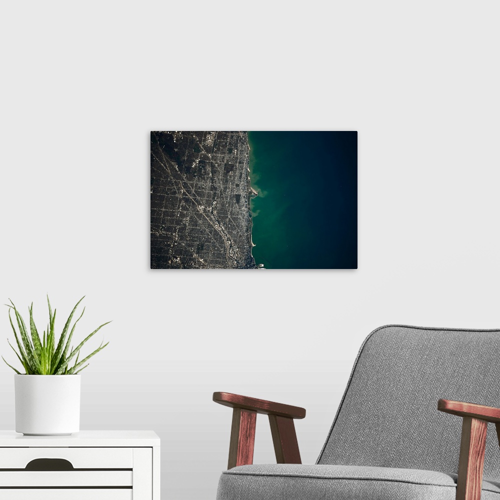 A modern room featuring Satellite view of Chicago and Lake Michigan, Illinois, USA
