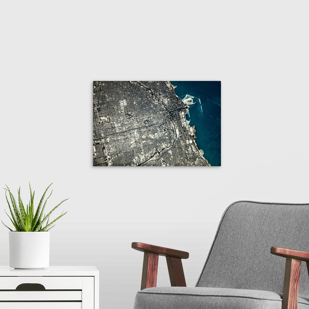 A modern room featuring Satellite view of Chicago city at the coast of Lake Michigan, USA