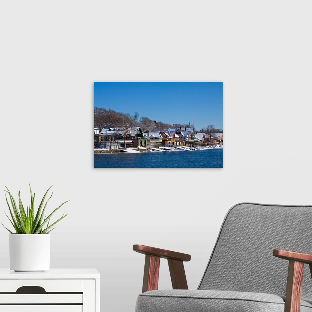 A modern room featuring SCHUYLKILL RIVER BOATHOUSE ROW IN WINTER SNOW BRIGHT BLUE CLOUDLESS SKY PHILADELPHIA PENNSYLVANIA...