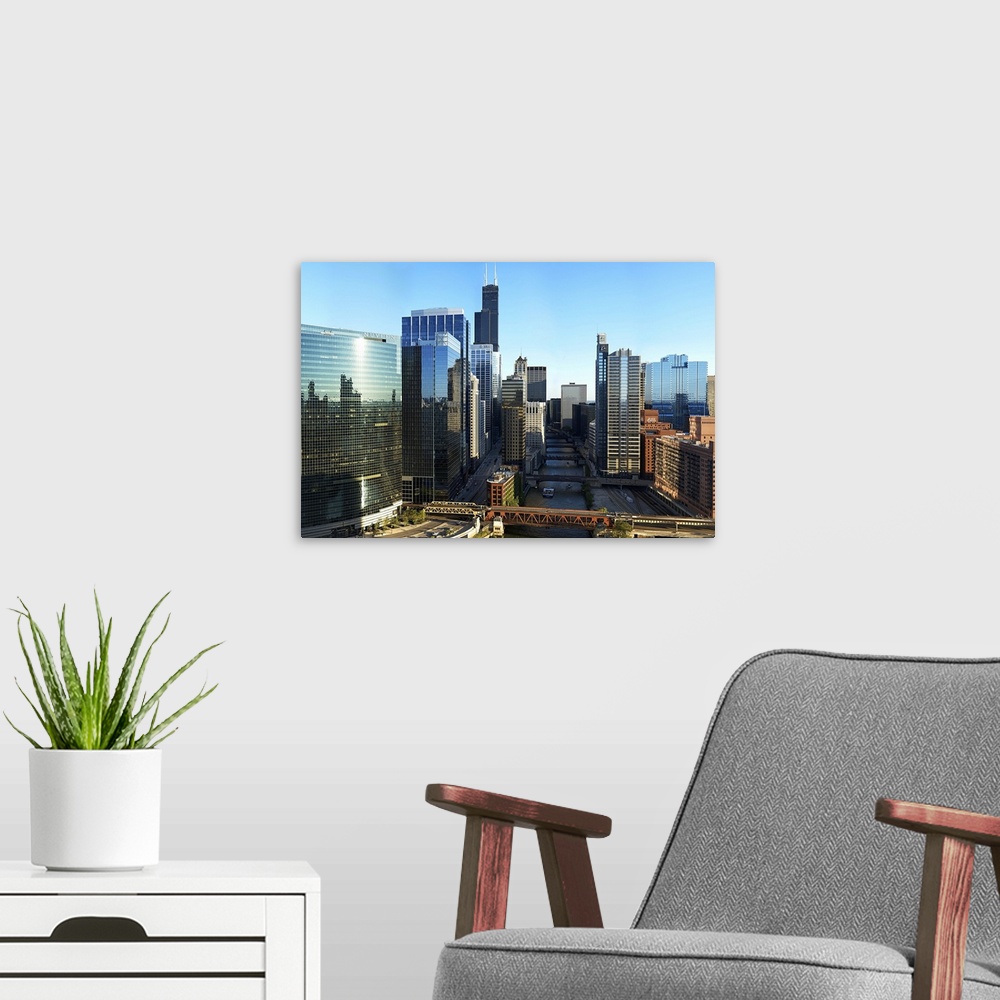A modern room featuring Skyscrapers in a city, Willis Tower, Chicago River, Chicago, Illinois