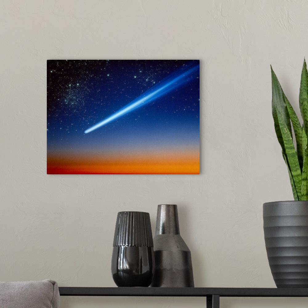 A modern room featuring Space Comet speeding across the night sky