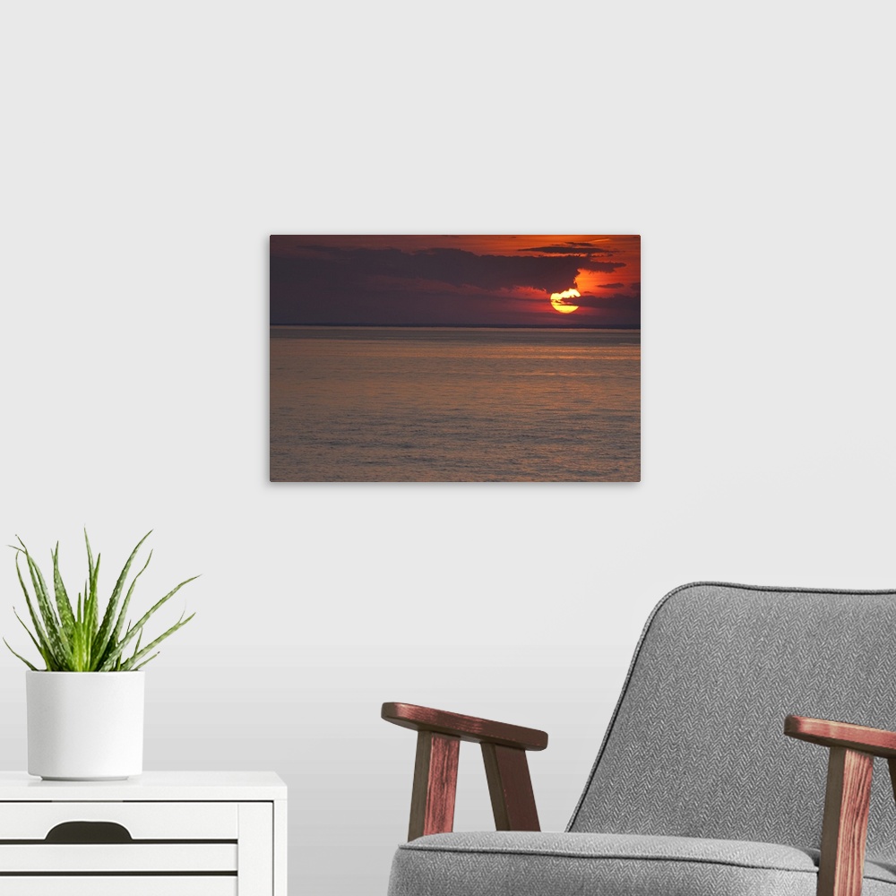 A modern room featuring Sunset over the sea, Long Island Sound, Orient Point, Long Island, New York State