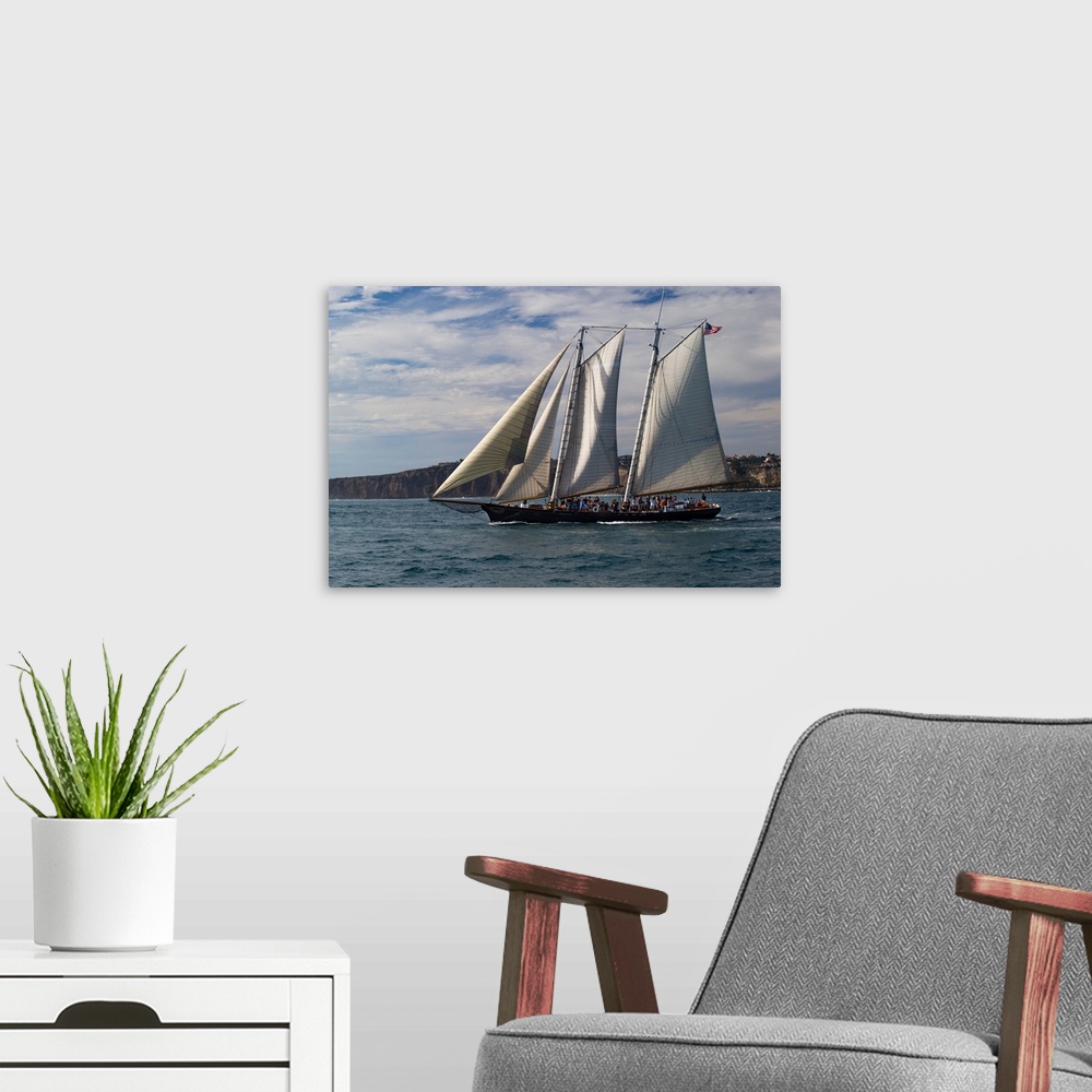 A modern room featuring Tourists on sailboat in the Pacific Ocean, Dana Point Harbor, Dana Point, Orange County, Californ...