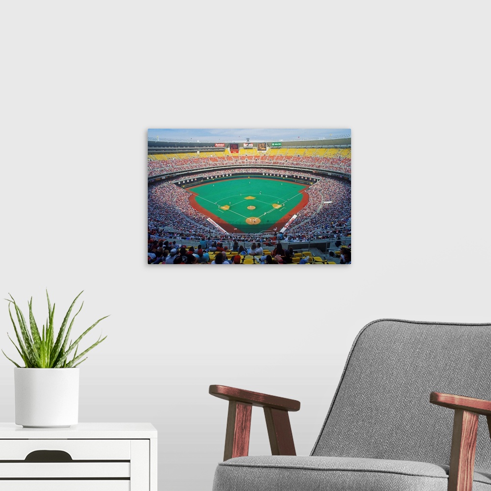 A modern room featuring Veteran's Stadium during Major League Baseball game between Phillies and Houston Astros, Philadel...