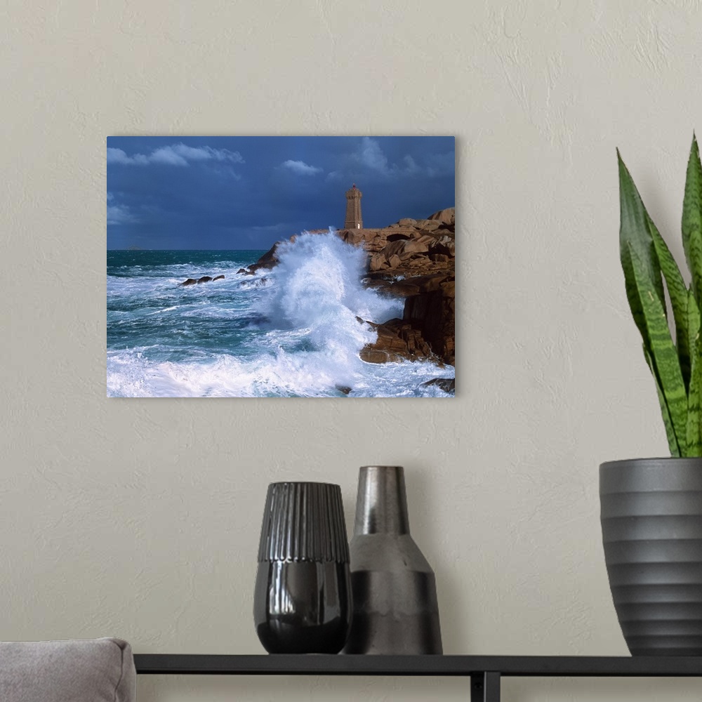 A modern room featuring Waves breaking on coast, Ploumanac'h Lighthouse, Pink Granite Coast, Cotes-d'Armor, Brittany, France