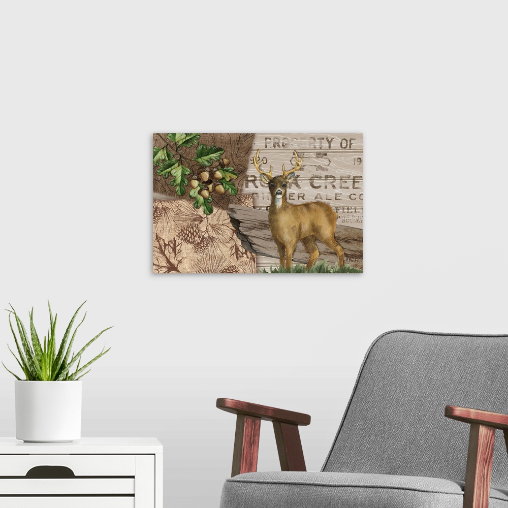 A modern room featuring Collage of woodland elements including a deer, acorns, and a property sign.