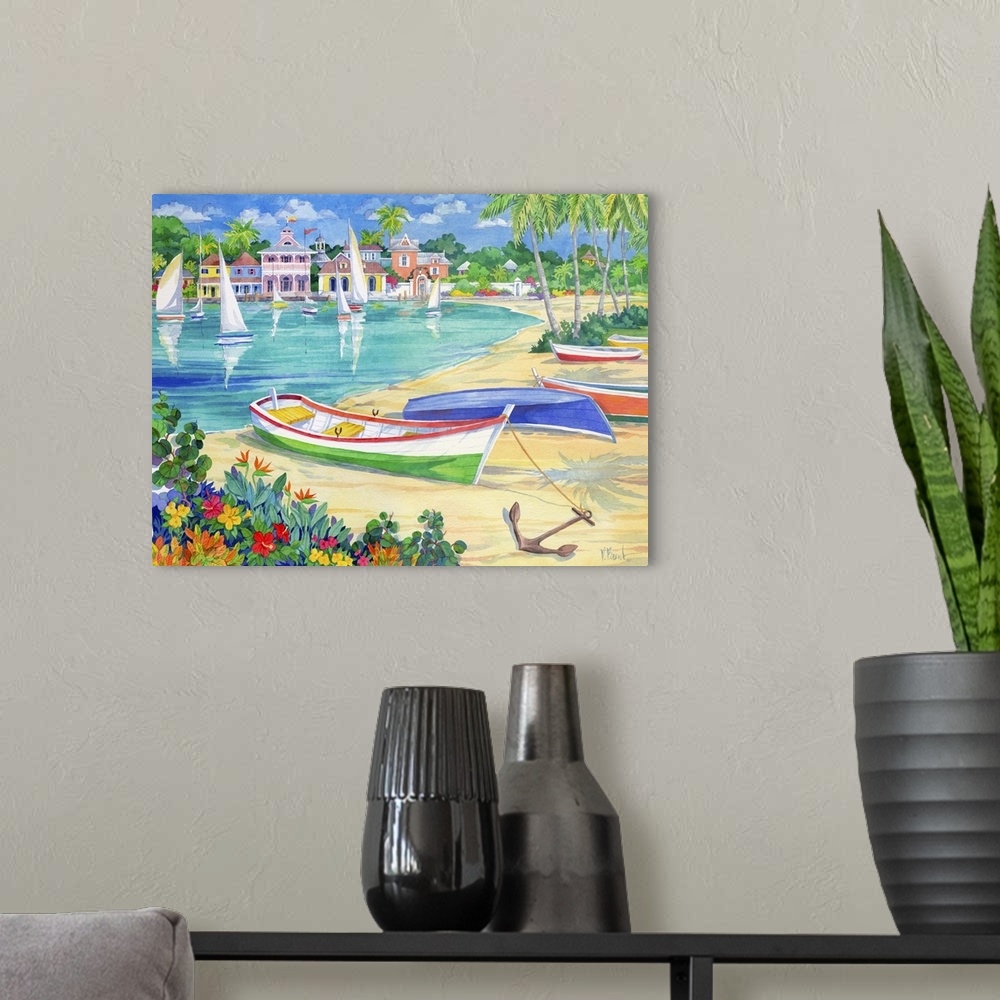 A modern room featuring Painting of several boats on the beach in a tropical harbor.