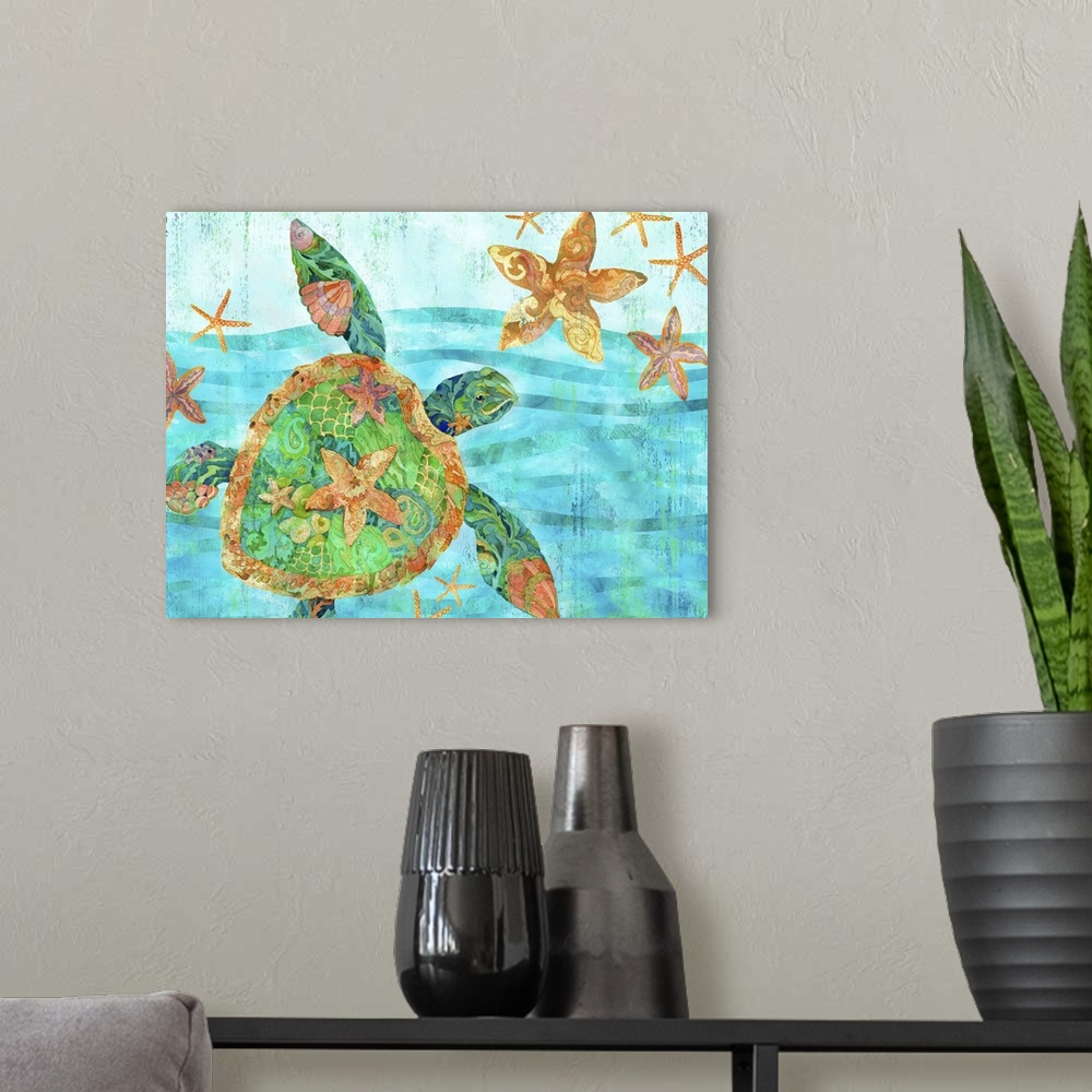 A modern room featuring Large watercolor painting of a sea turtle and starfish in the ocean with detailed patterns in blu...