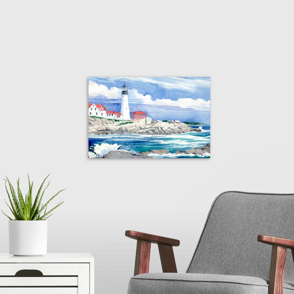 A modern room featuring Watercolor painting of the Portland Head Light in Maine, on the rocky coast.