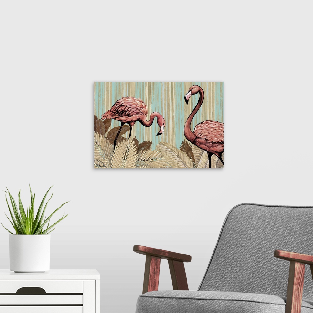 A modern room featuring Vintage-style artwork of two pink flamingos standing among ferns with a patterned background.