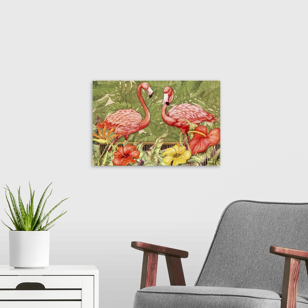 A modern room featuring Painting of two American flamingos with tropical flowers in the foreground.