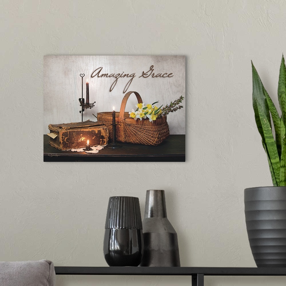A modern room featuring This still-life photograph features rustic elements with the words, Amazing Grace, above it.