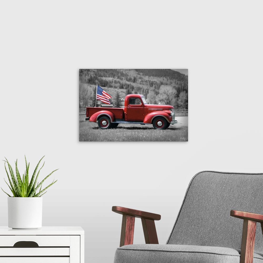 A modern room featuring Photograph of a red vintage truck with an American Flag waving in the back.