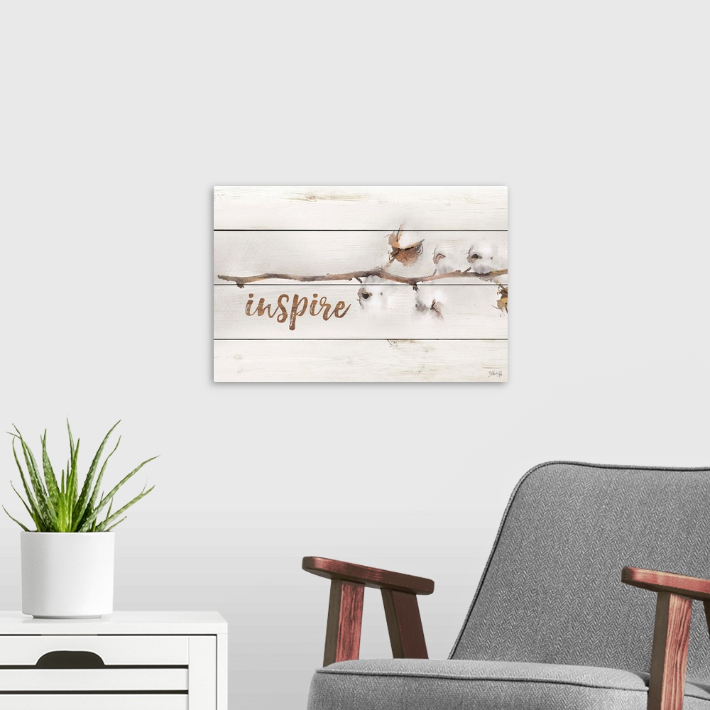 A modern room featuring A stem with cotton buds and handlettered text over a wooden board background.