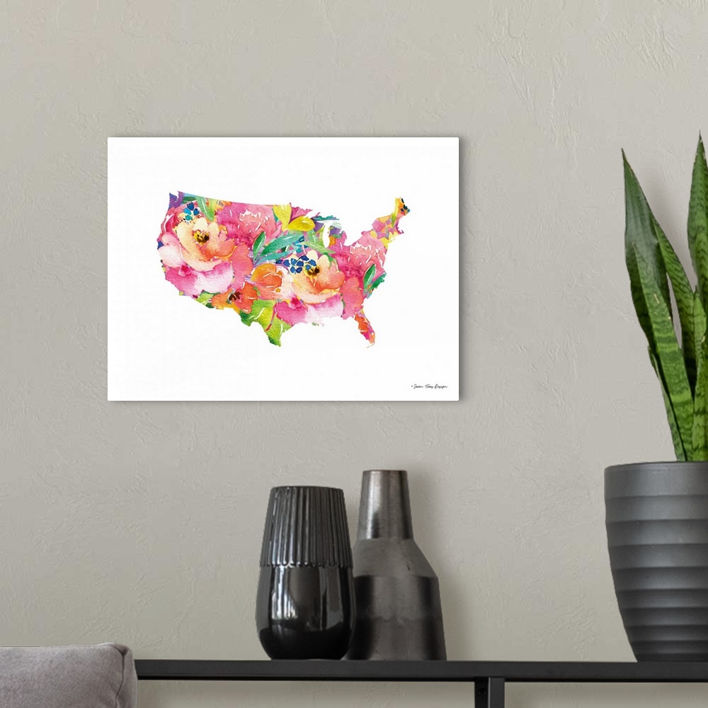 A modern room featuring Floral USA Map