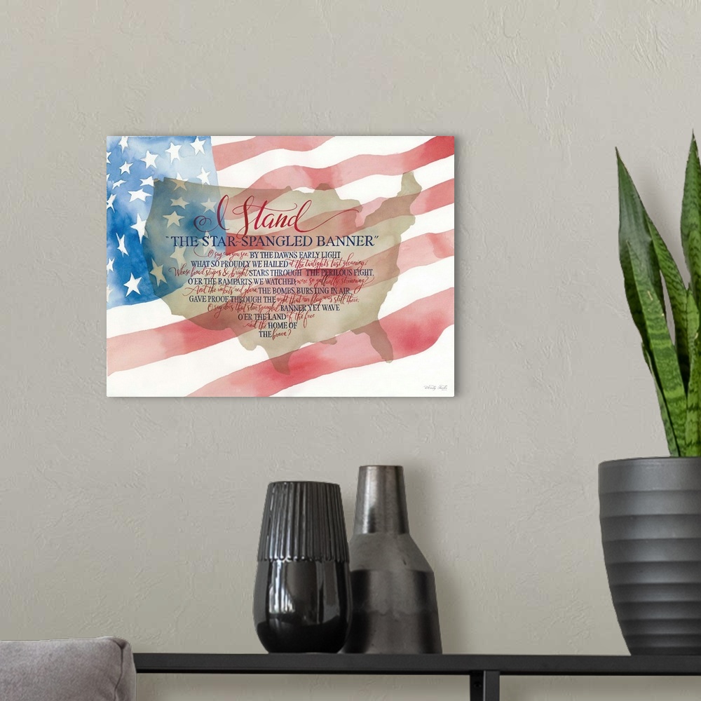 A modern room featuring Patriotic decorative artwork featuring the star spangled banner.