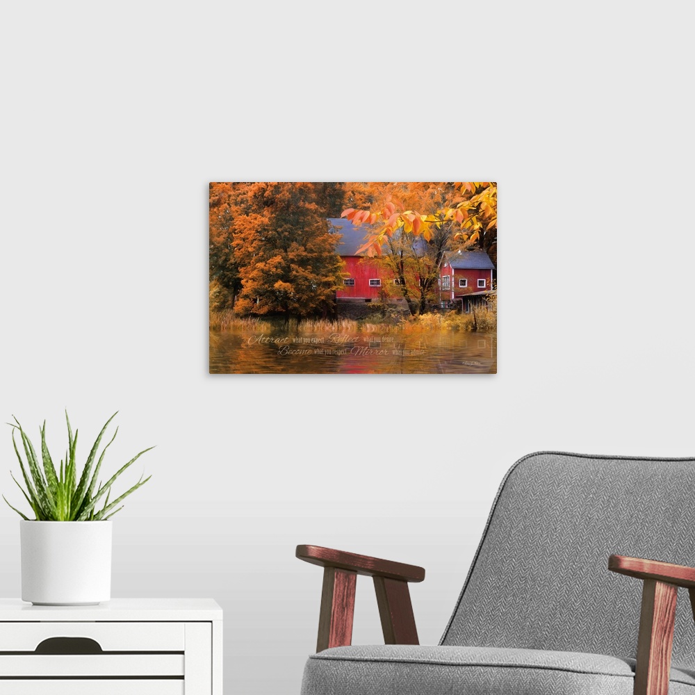 A modern room featuring Red barn surrounded by fall foliage at the edge of a pond.
