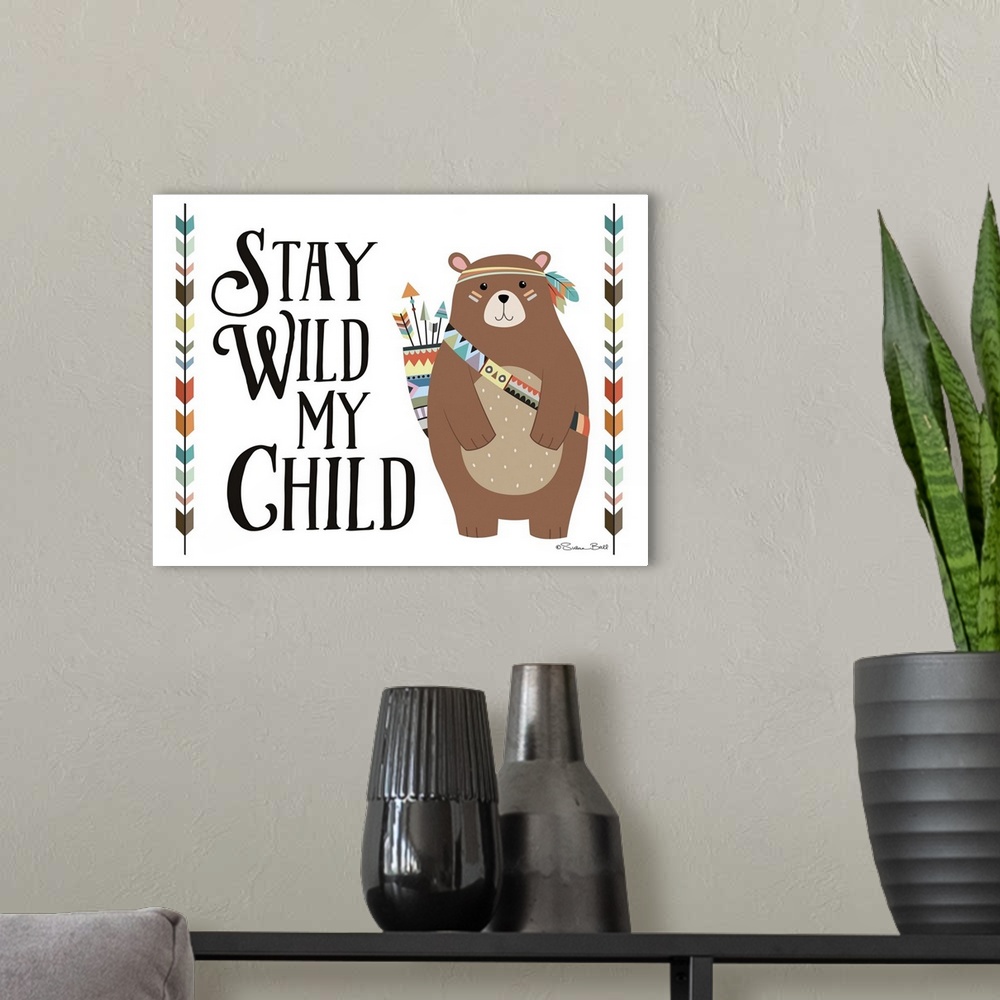 A modern room featuring Cute children's art of a tribal bear carrying a quiver of arrows, framed by an arrow motif on white.