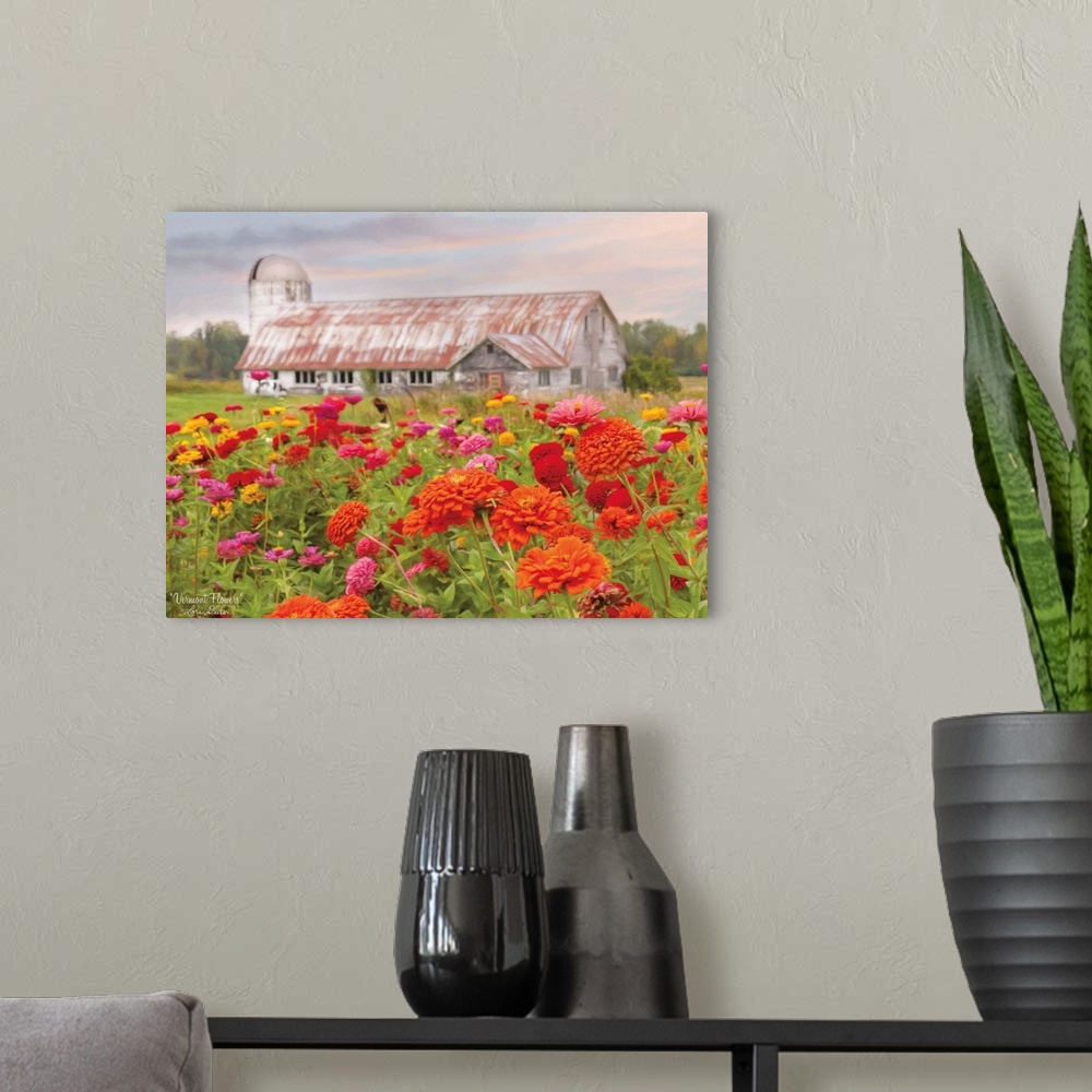 A modern room featuring Photograph of field of wildflowers with a rusty barn in the background with the title, Vermont Fl...