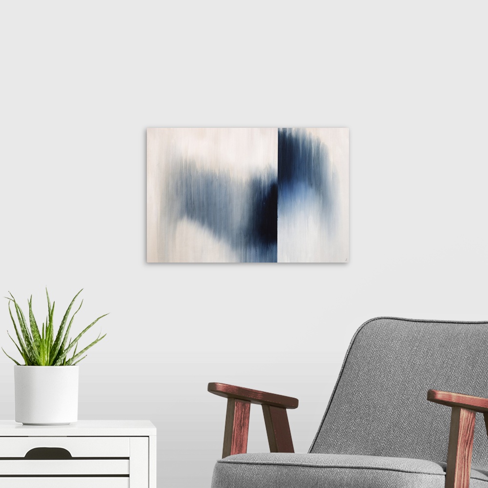 A modern room featuring Large abstract painting with an indigo gradient going though the middle and flipped to the top on...