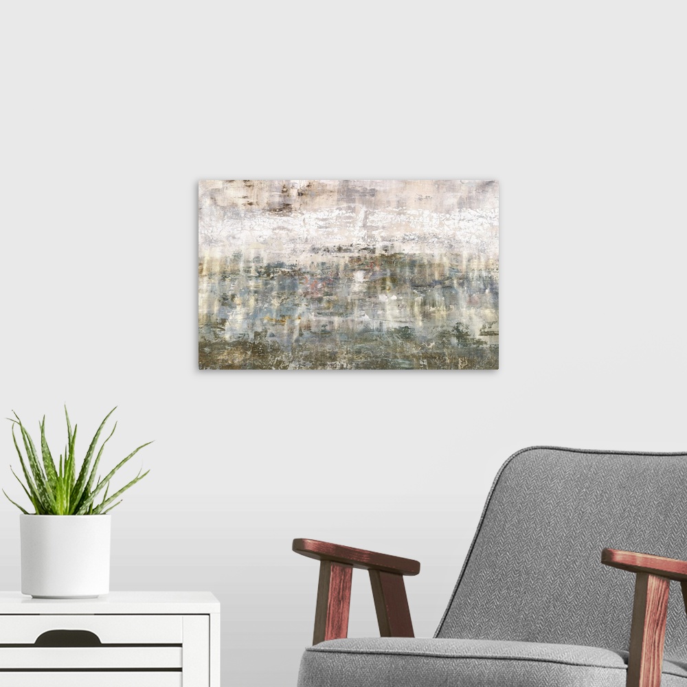 A modern room featuring Large contemporary abstract painting created with neutral hues and a rough looking finish to crea...
