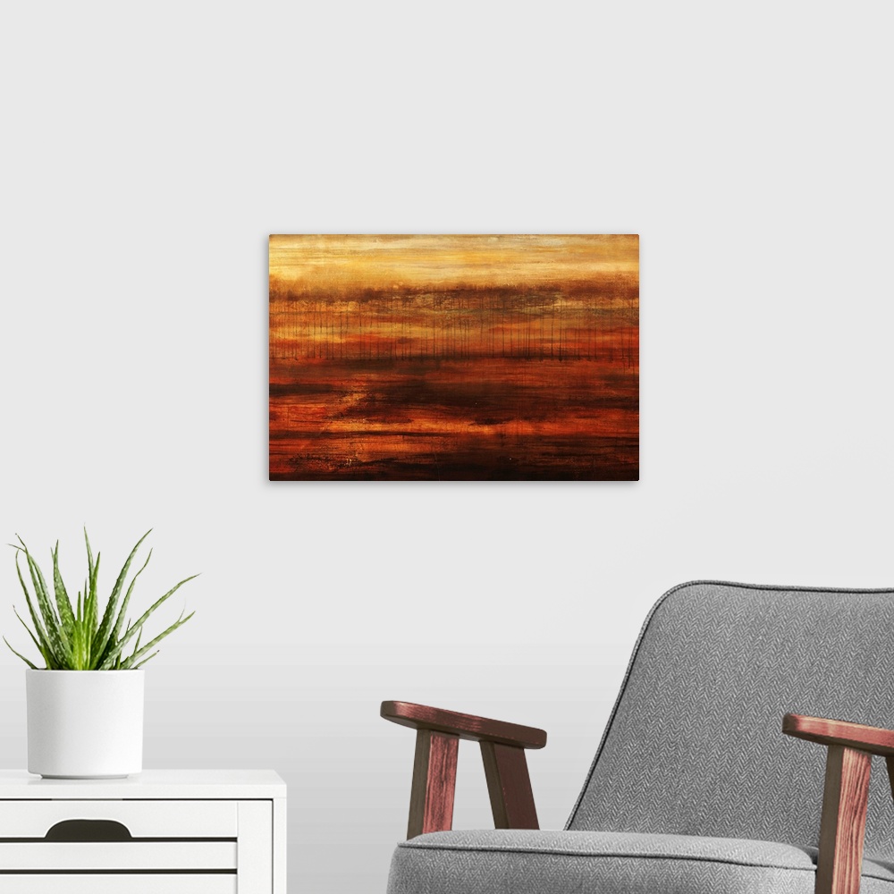 A modern room featuring Abstract painting on canvas of a gradient of colors going from top to bottom with short lines in ...