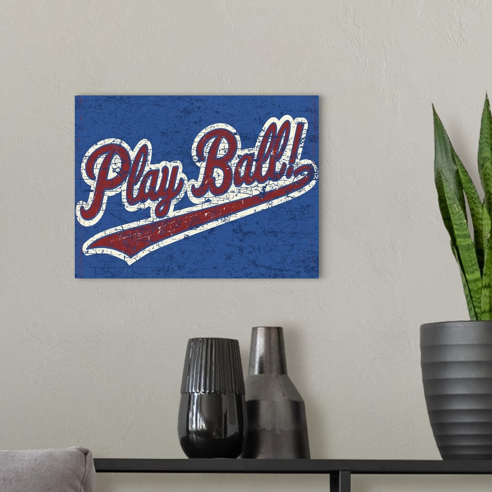 A modern room featuring Distressed retro logo image of a baseball logo with the words "Play Ball"