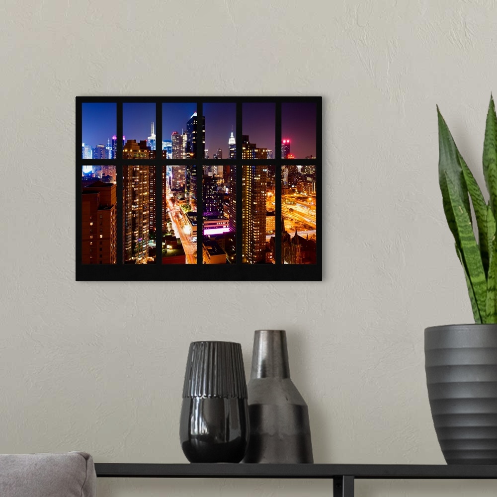 A modern room featuring Artistic photograph New York city at night as if viewed from a window.