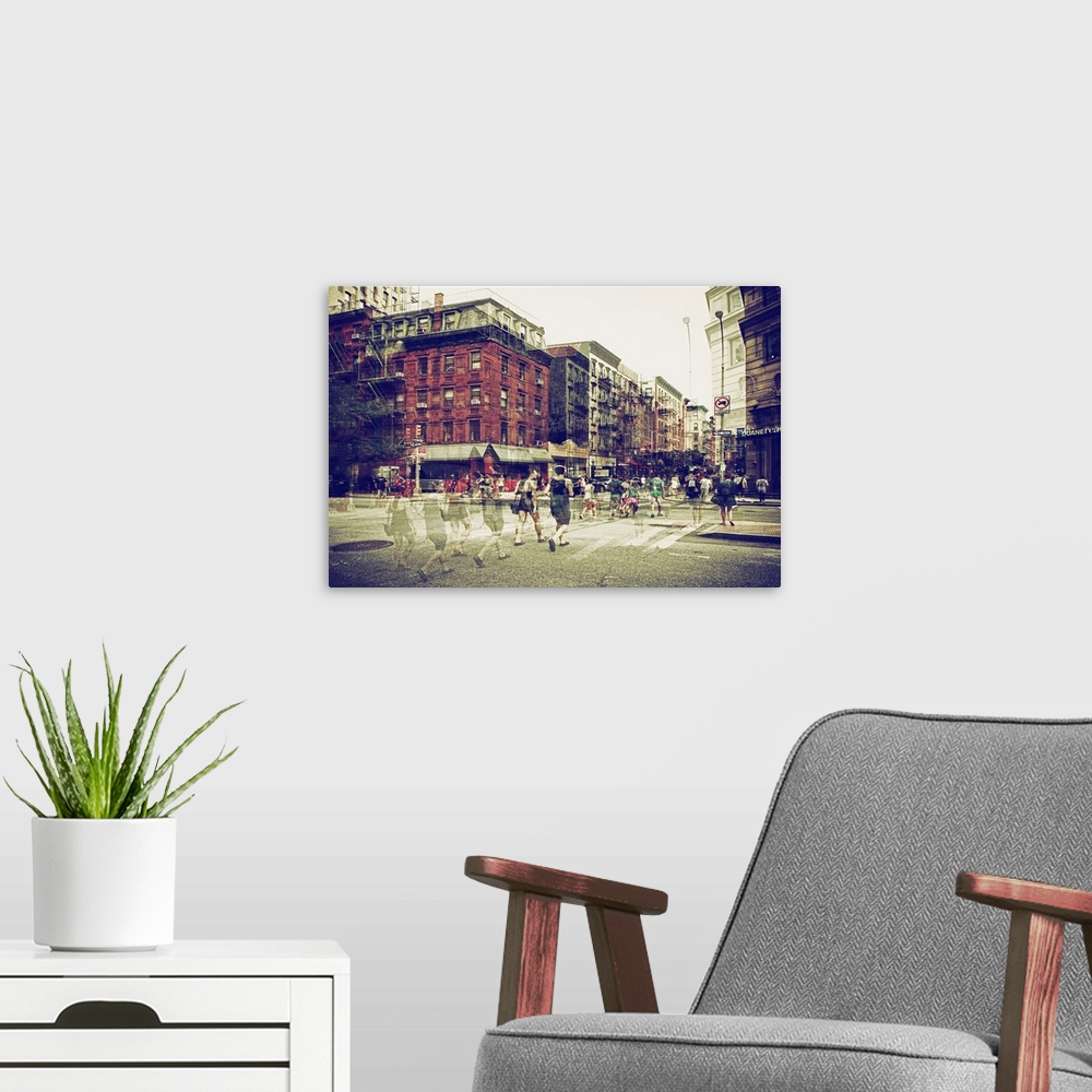 A modern room featuring Pedestrians in the street in New York, with a layered effect creating a feeling of movement.