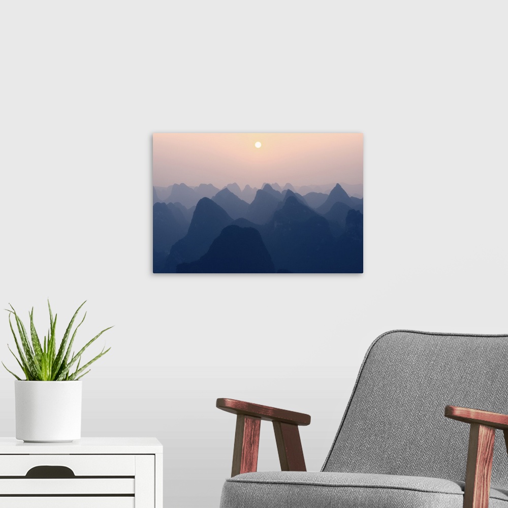 A modern room featuring Karst Mountains at Pastel Sunset, Yangshuo, China 10MKm2 Collection.