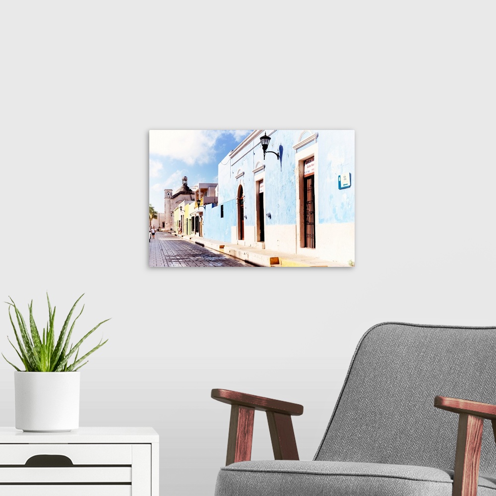 A modern room featuring Photograph of a Campeche street view with a light blue building in front. From the Viva Mexico Co...
