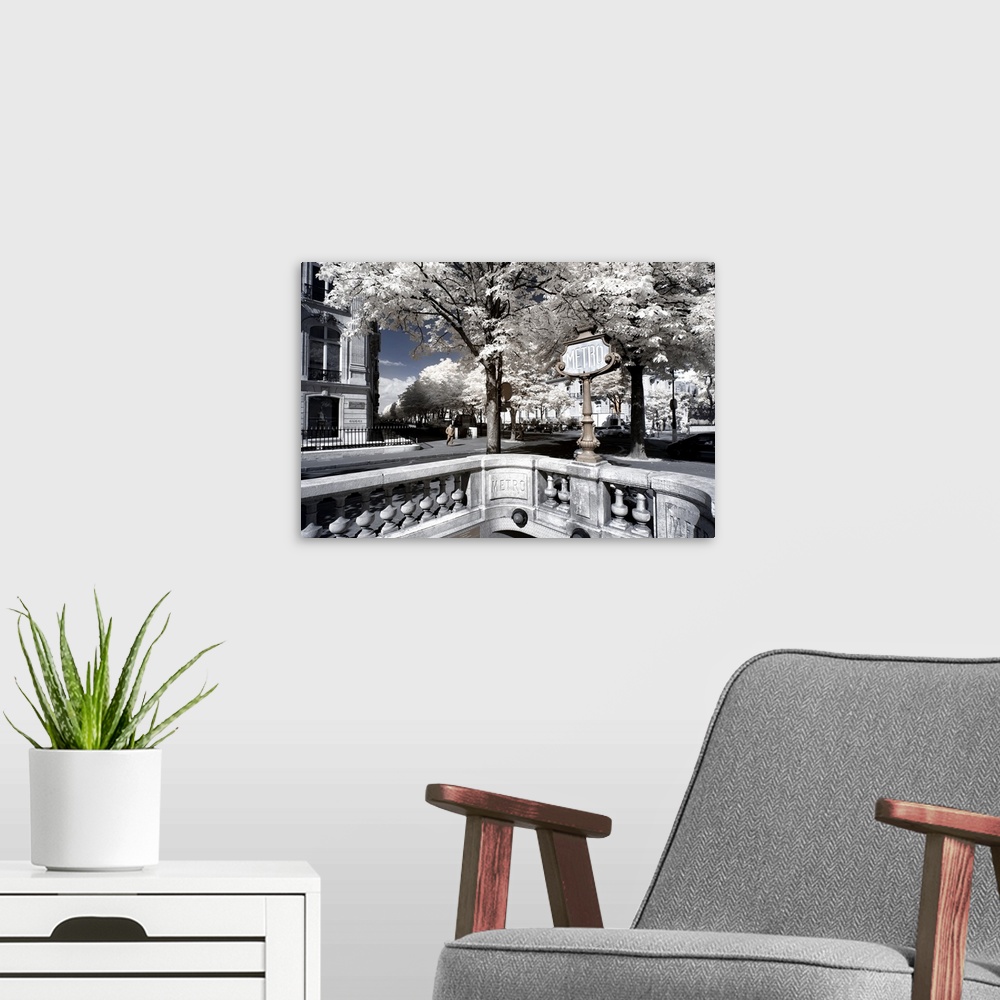 A modern room featuring Sign for the Metro in a park in Paris, made in infrared mode in summer. The vegetation is white a...