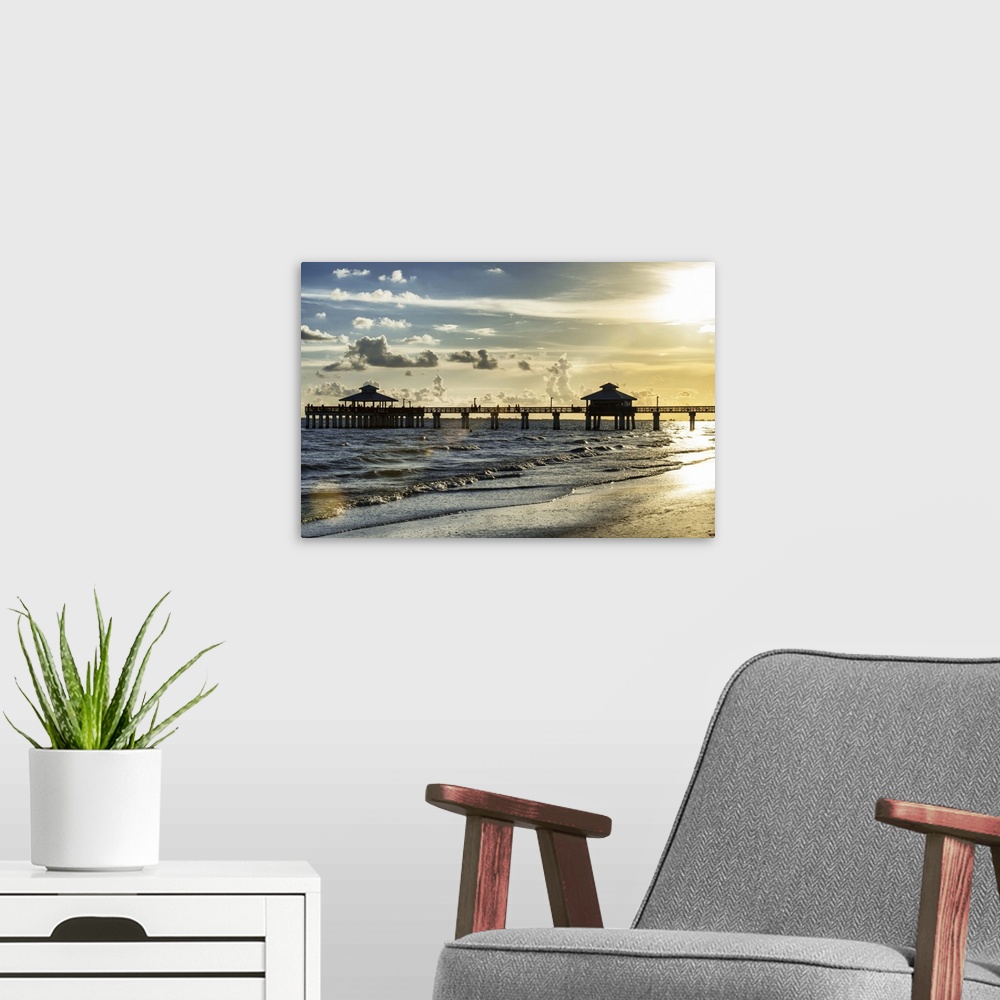 A modern room featuring A photograph of Miami Beach at sunset, Florida.