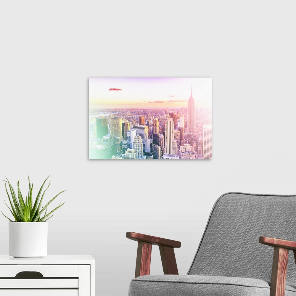 A modern room featuring A photograph of a view of New York city in soft pastel faded tones.