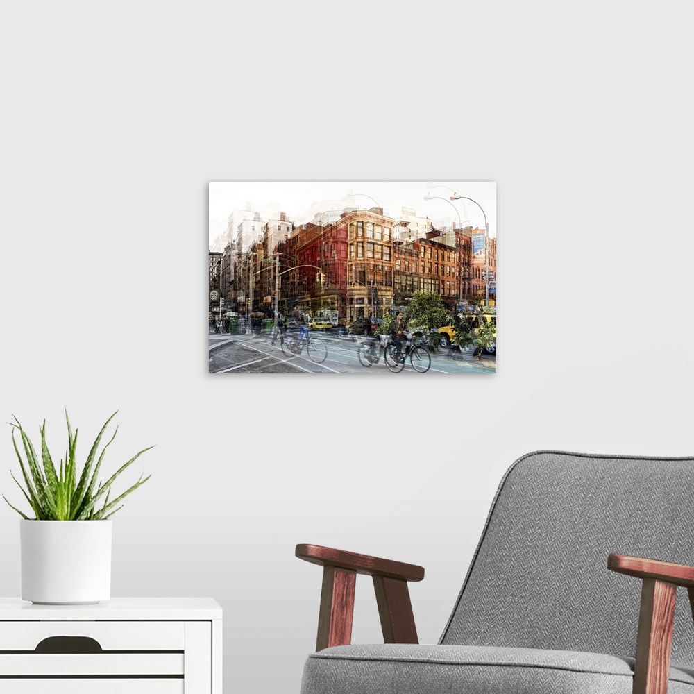 A modern room featuring Pedestrians and cyclists in the streets of New York, with a layered effect creating a feeling of ...