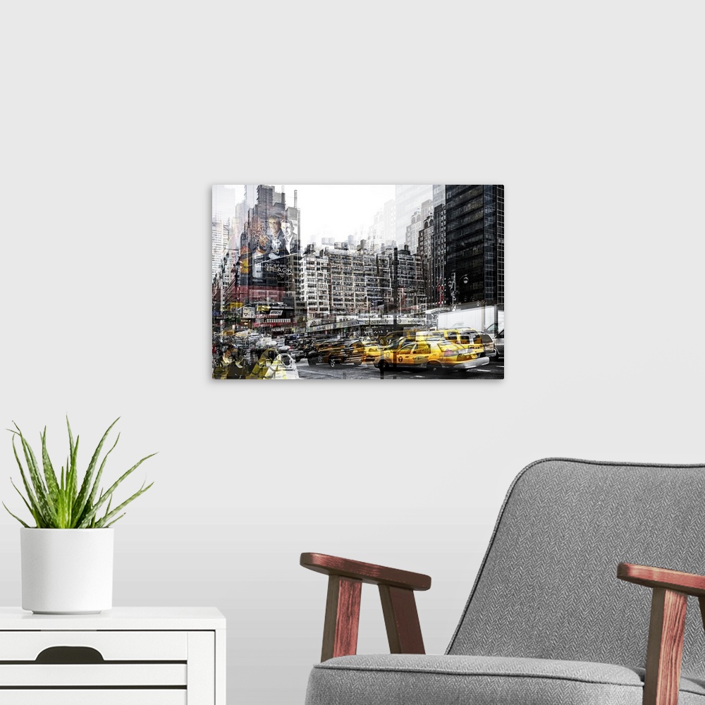 A modern room featuring Taxi cabs driving through New York City  with a layered effect creating a feeling of movement.