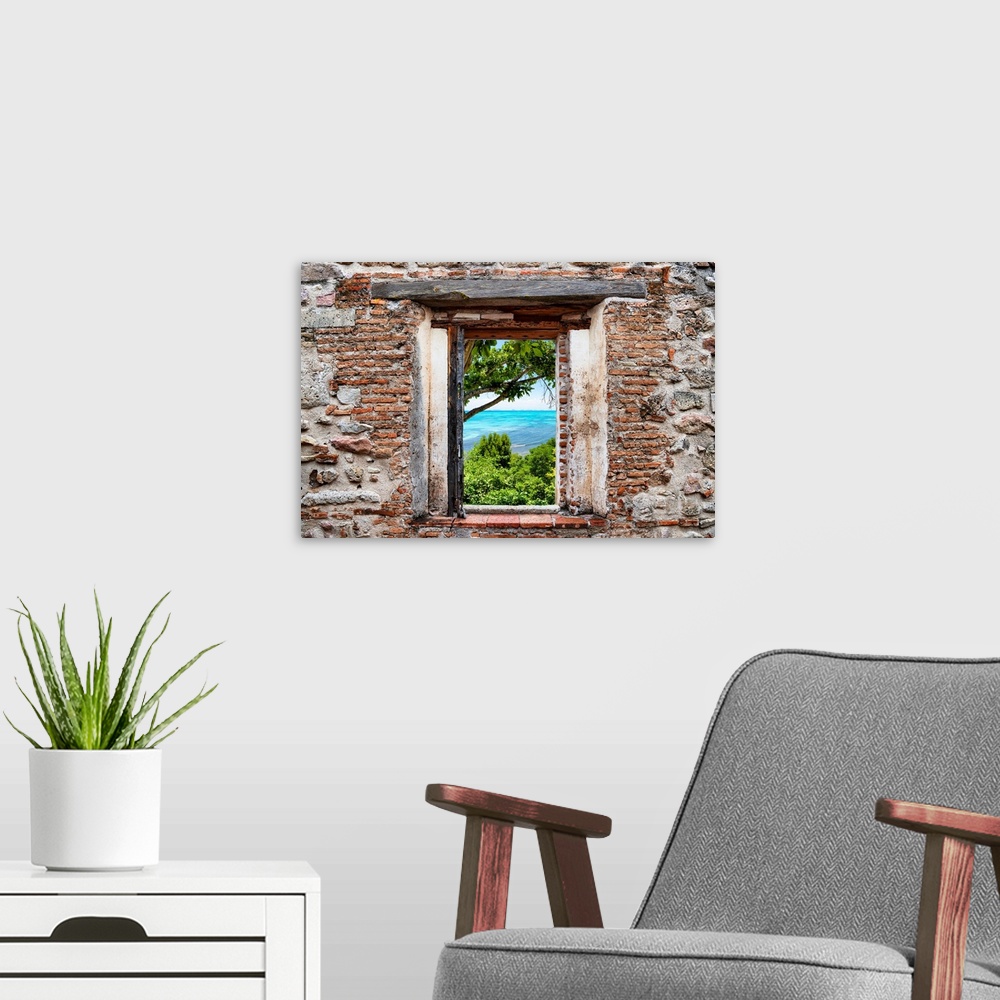 A modern room featuring View of Isla Mujeres, Mexico, framed through a stony, brick window. From the Viva Mexico Window V...