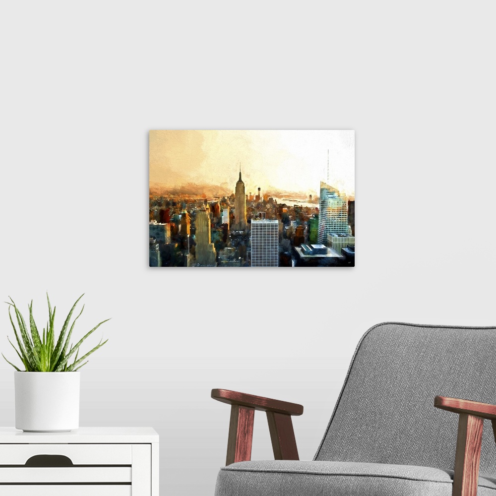 A modern room featuring Photograph with a painterly effect of the Empire State building, NYC.