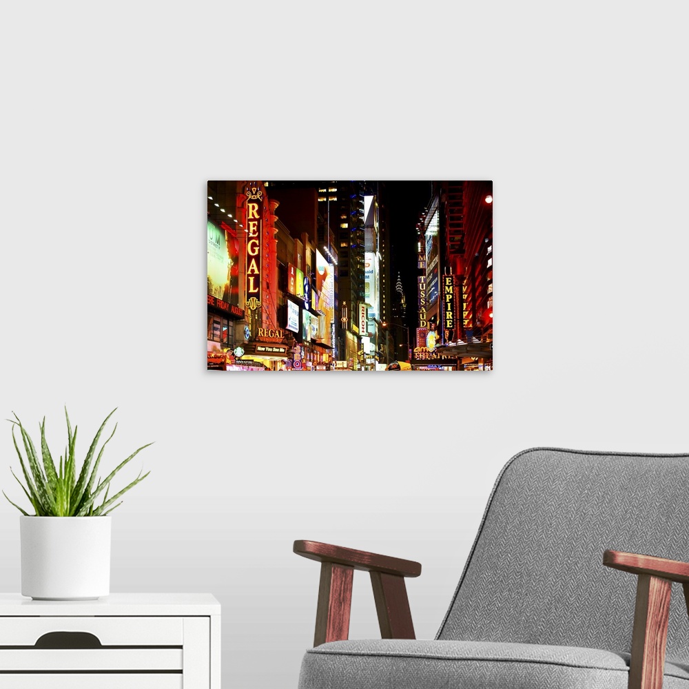 A modern room featuring Fine art photo of Times Square full of colorful neon signs.