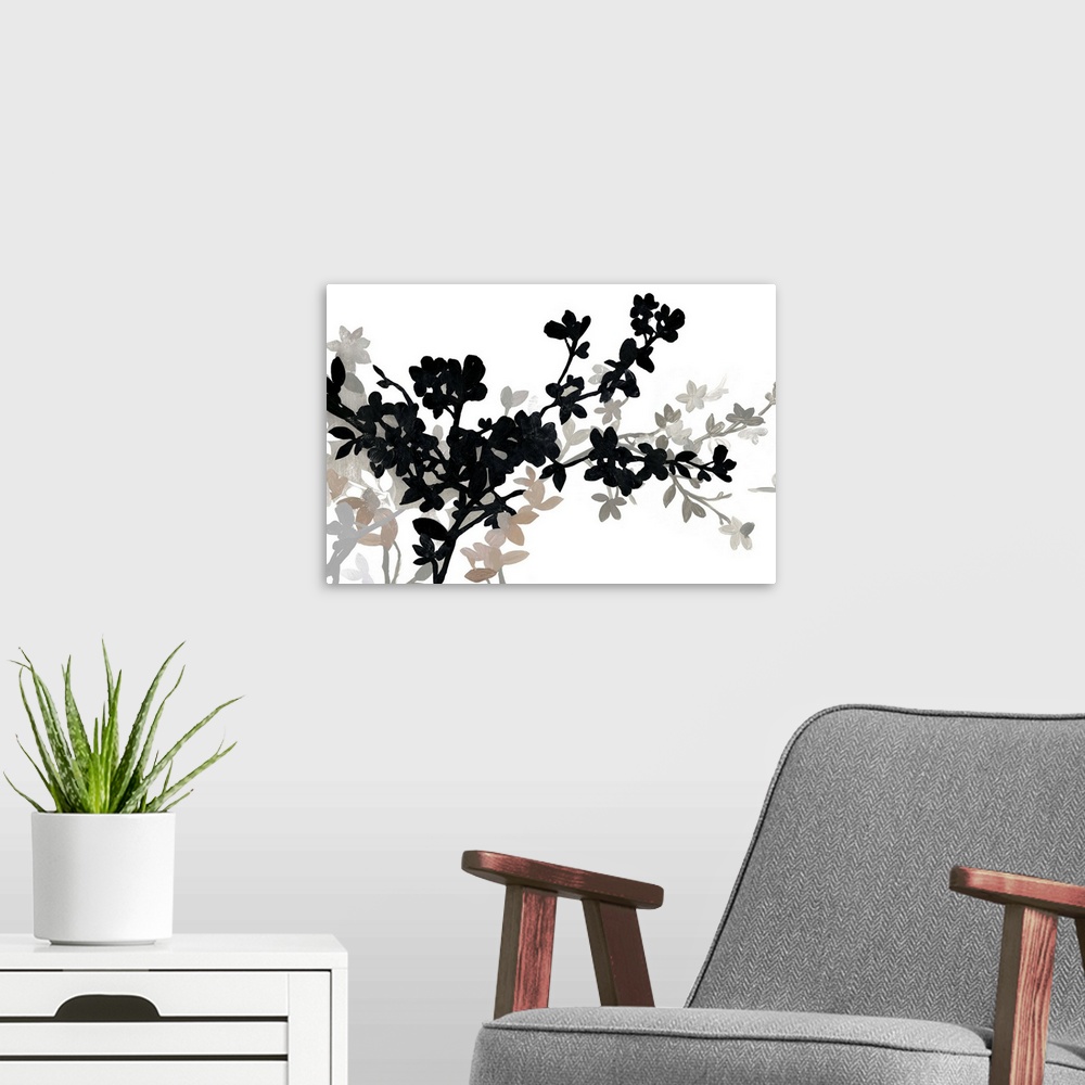 A modern room featuring A contemporary painting of apple blossoms in varies shades of black and gray.